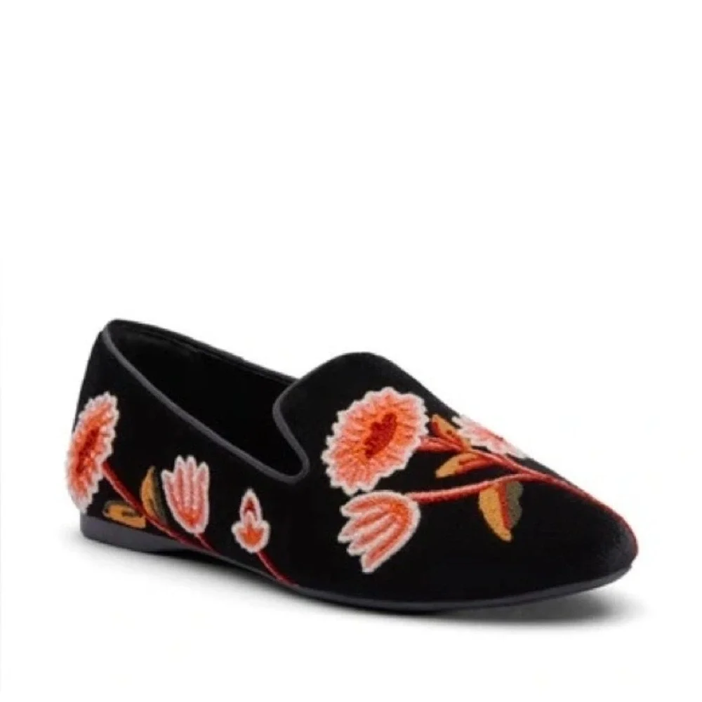 Birdies‎ Starling Black Velvet Floral Embroidered Loafers Shoes Womens 6 Donqun